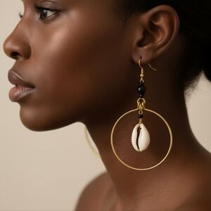 Handmade brass cowrie shell dangle earrings